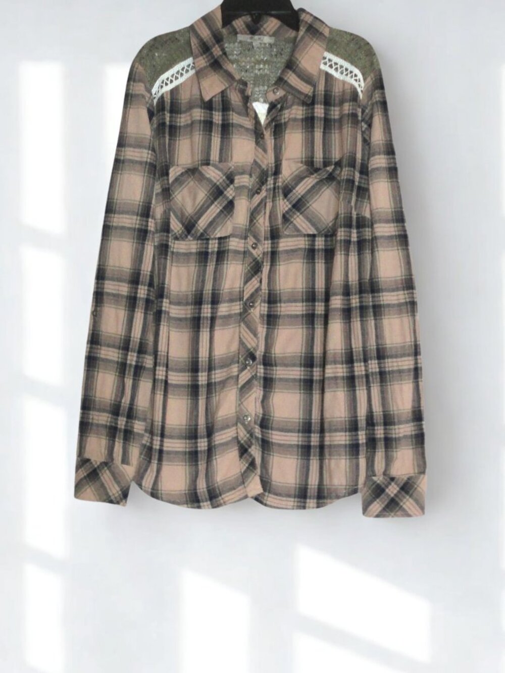 Miss Me (Large) Plaid Long Sleeve Blouse with Lace Back